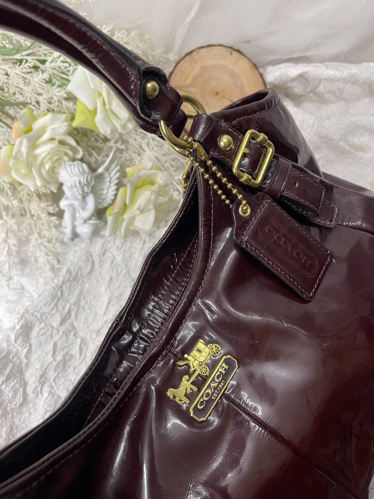 Vintage Coach Burgundy Patent Carryall Shoulder Bag 5