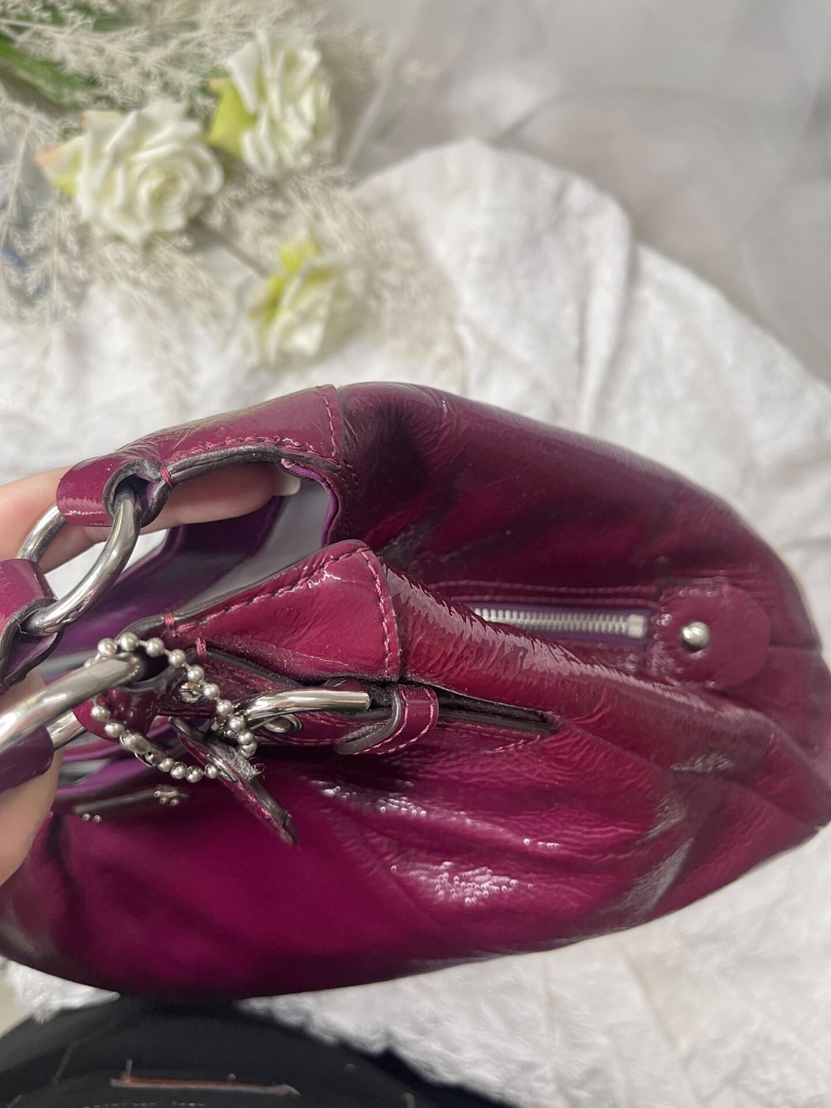 Vintage Coach Burgundy Patent Hobo Bag 6