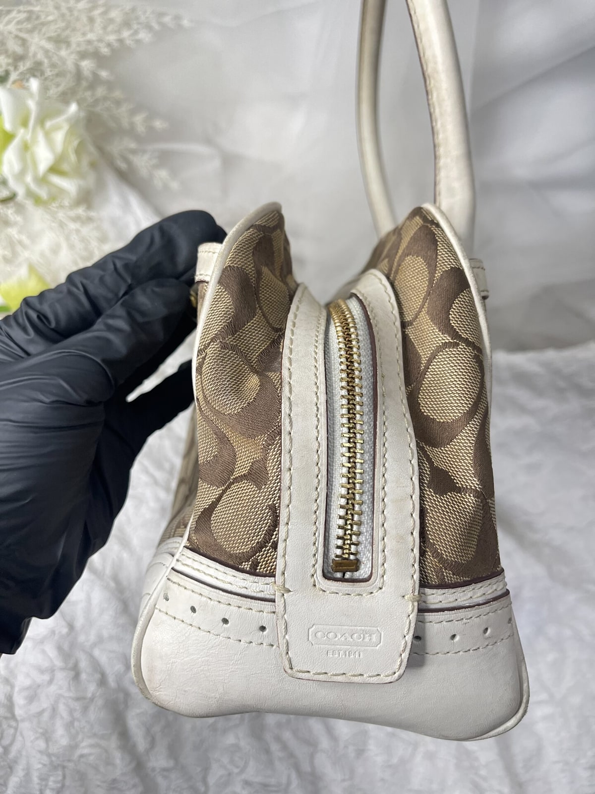 Vintage Coach Cream Signature Bowler Bag 4