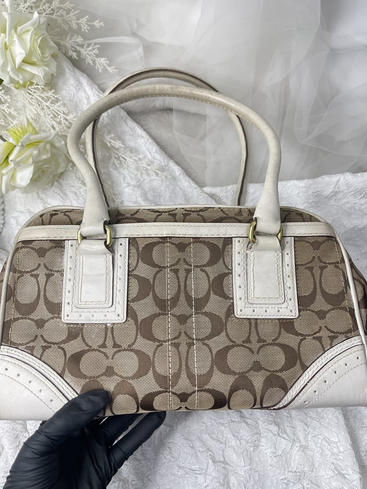 Vintage Coach Cream Signature Bowler Bag 6