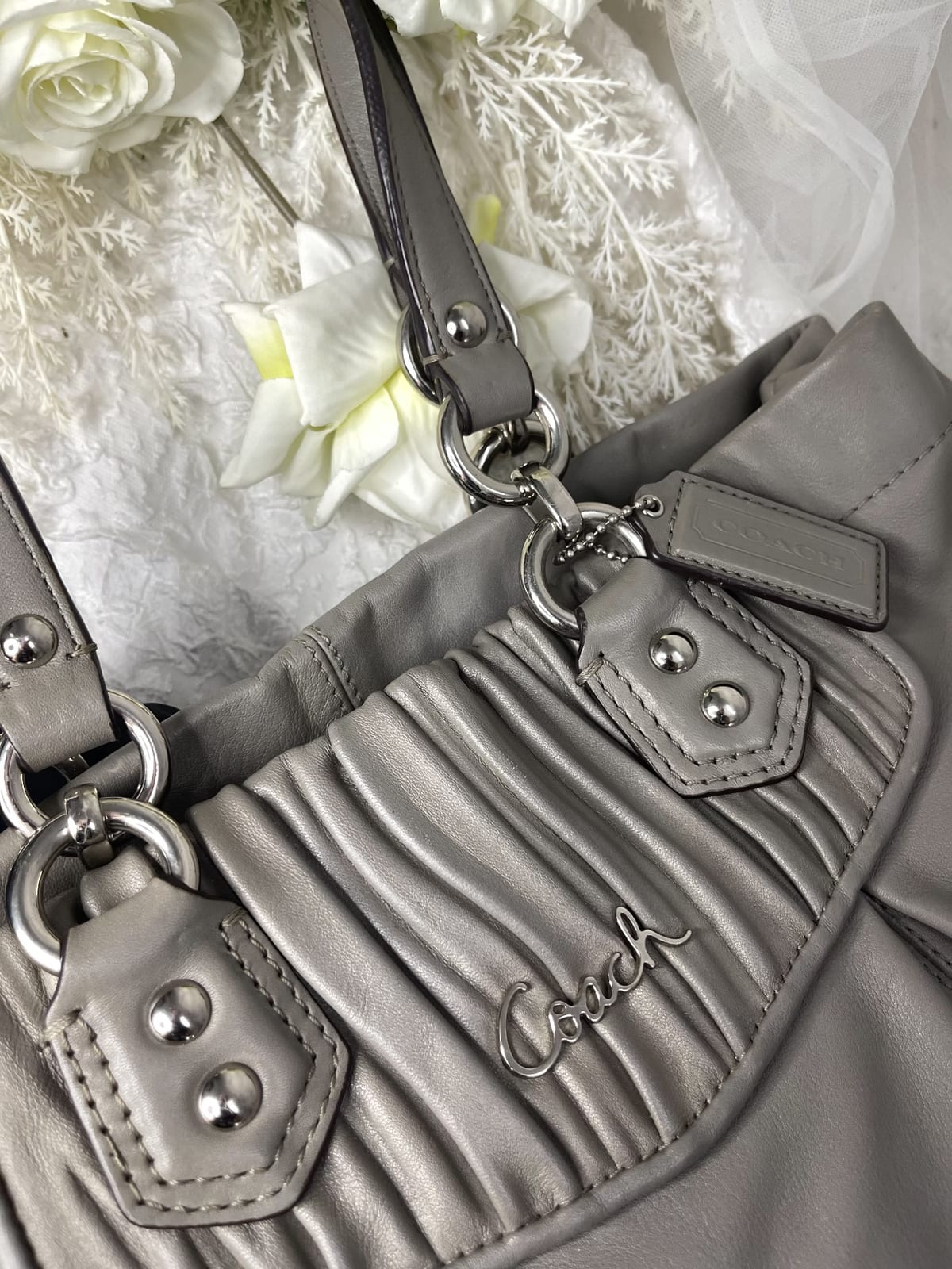 Vintage Coach Grey Pleated Tote Bag 2