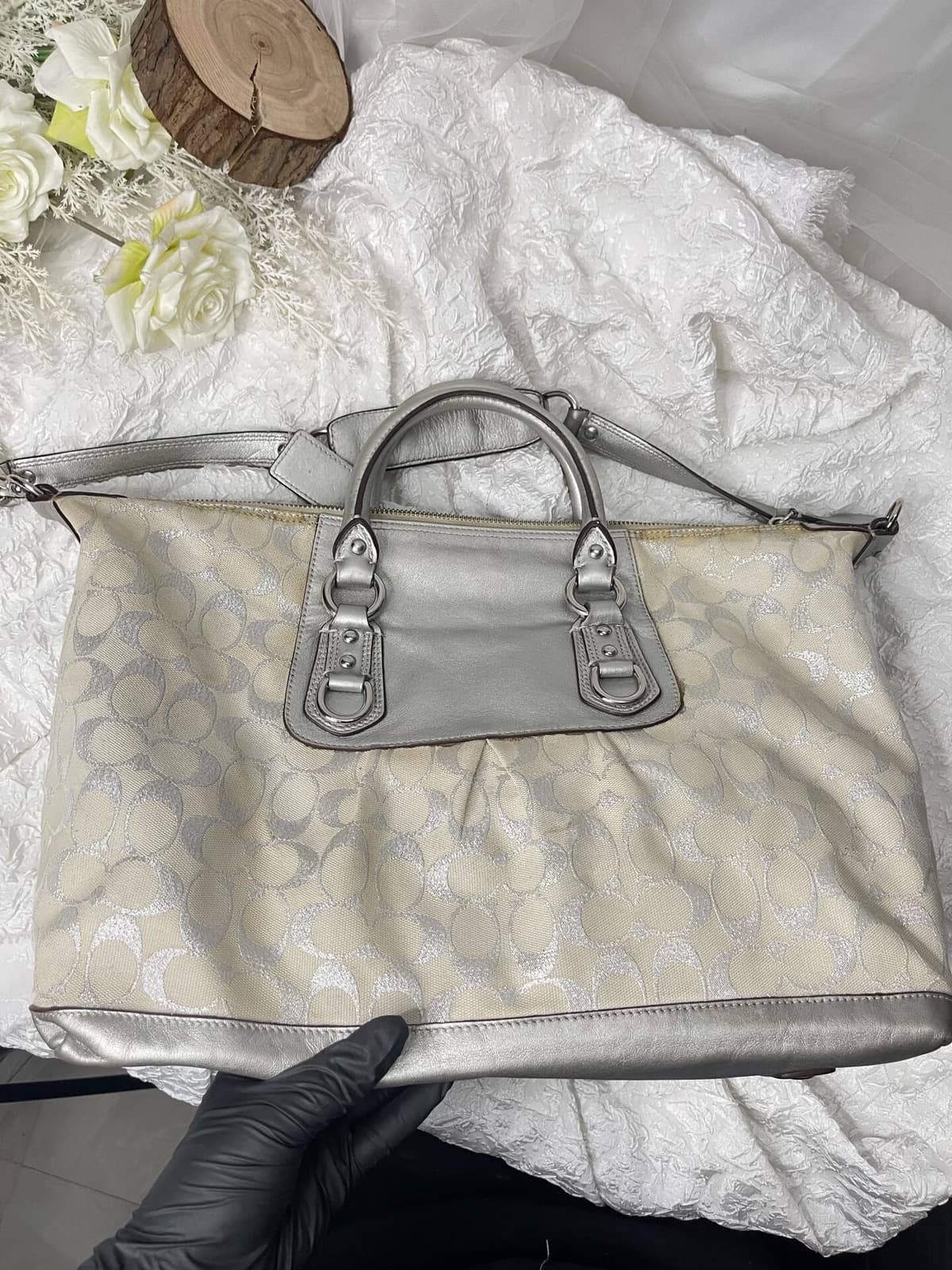 Vintage Coach Silver Signature Satchel Bag 4